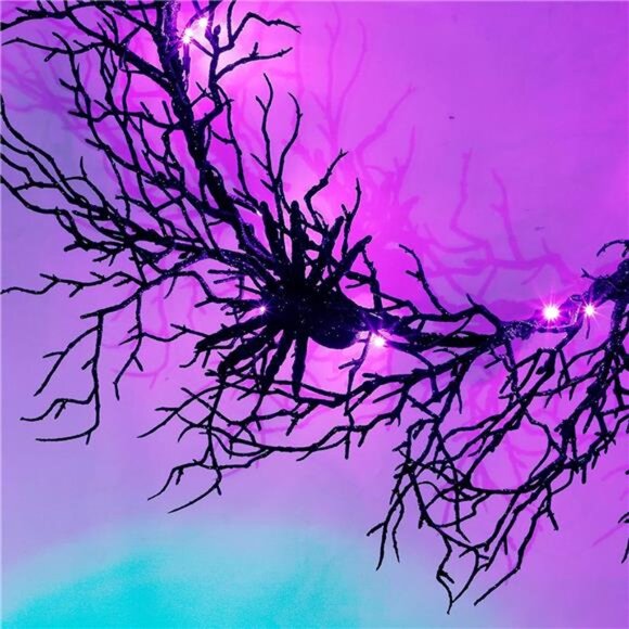 24" Black Spider Halloween Wreath with Purple Lights–Spooky Indoor/Outdoor Decor - Picture 5 of 7